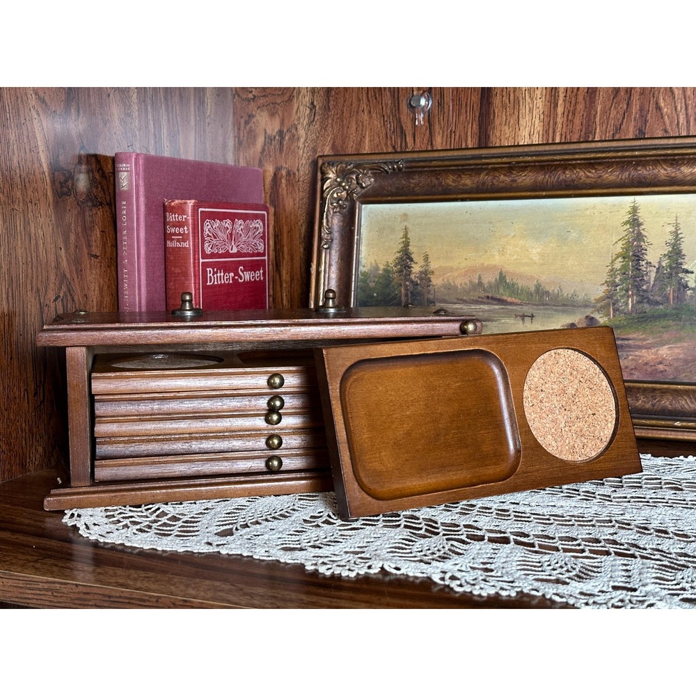 Vintage Wood Snack Trays & Coasters Set with Storage Stand | MCM Barware Set